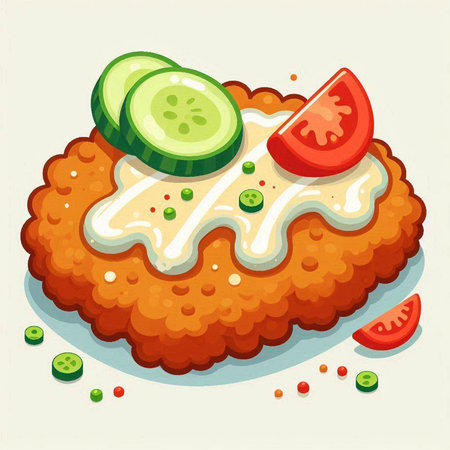 Illustration of a schnitzel with tomato and cucumberのイラスト素材