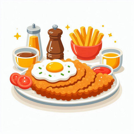 Illustration of fried eggs with french fries, sauce, sauce and coffeeのイラスト素材