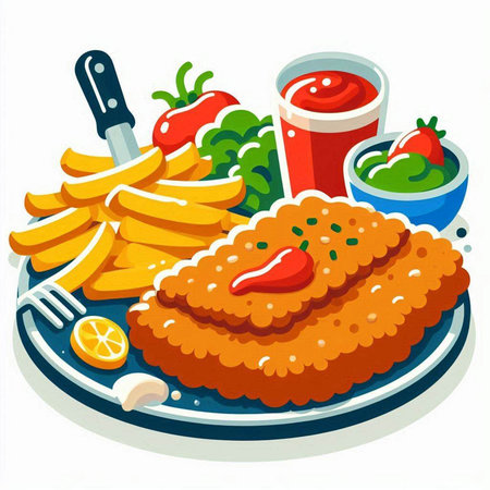 Fried chicken fillet with french fries and tomato sauce. Vector illustration.のイラスト素材