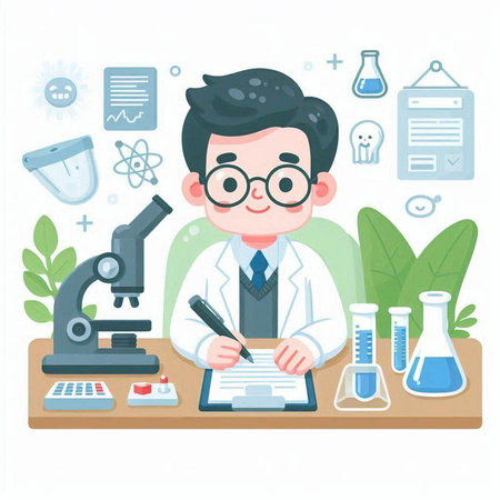 Scientist working in laboratory. Vector illustration of a scientist working at the laboratory.のイラスト素材