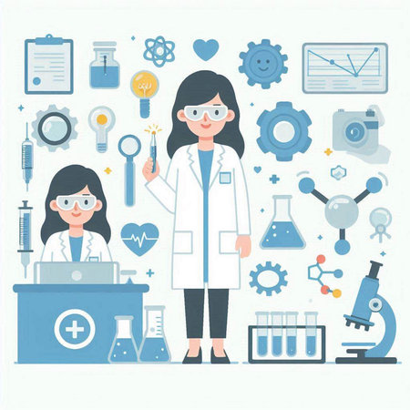 Vector illustration of a woman scientist in the laboratory. Flat style.のイラスト素材