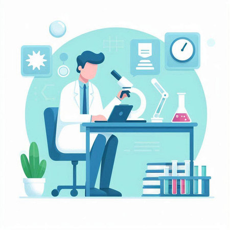 Scientist working with microscope in laboratory flat vector illustration. Cartoon scientist doing research on microscope.のイラスト素材