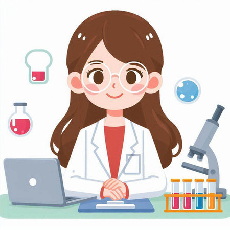 Illustration of a young female scientist working in a laboratory with a laptopのイラスト素材