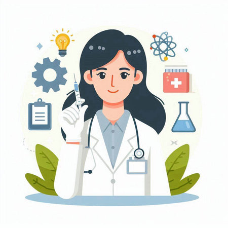 Female doctor with stethoscope and syringe. Flat vector illustration.のイラスト素材