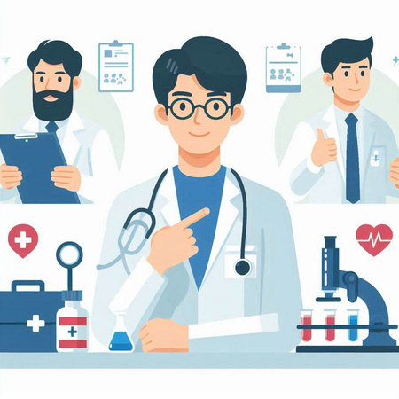 Vector flat cartoon illustration of a doctor and scientist with a stethoscope.のイラスト素材