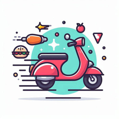 Vintage scooter and fast food. Colorful vector illustration.のイラスト素材