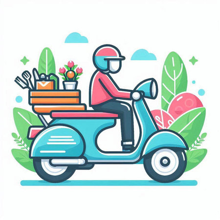 Courier on a scooter delivering food. Vector illustration.のイラスト素材