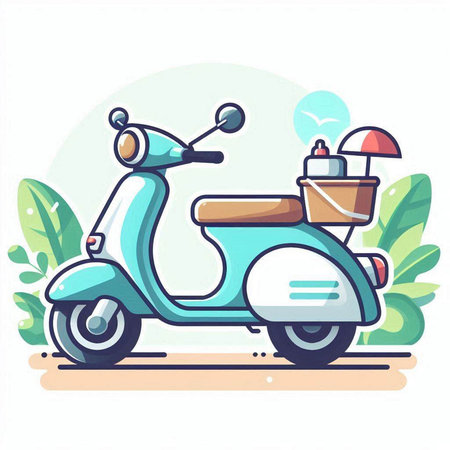 Vintage scooter with a basket of food. Vector illustration.のイラスト素材