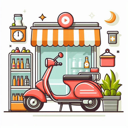Vintage scooter and food store. Vector illustration in flat styleのイラスト素材