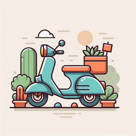 Vintage scooter in the park. Vector illustration in flat styleのイラスト素材