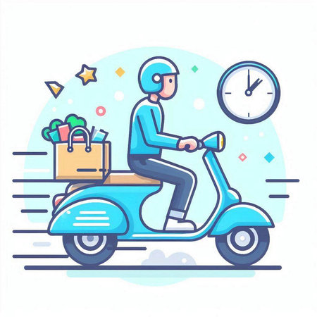 Delivery man on scooter with boxes and clock. Vector illustration.のイラスト素材