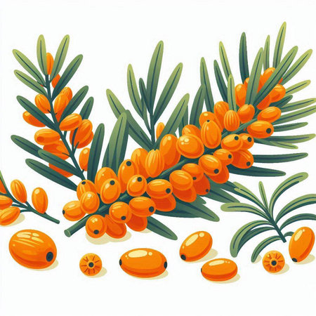 Sea buckthorn branch with berries and leaves. Vector illustration.のイラスト素材