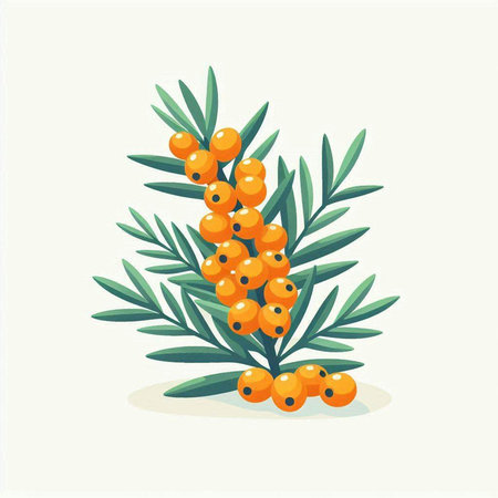 Sea buckthorn branch with berries and leaves. Vector illustration.のイラスト素材
