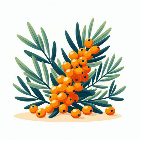 Sea buckthorn branch with berries and leaves. Vector illustration.のイラスト素材