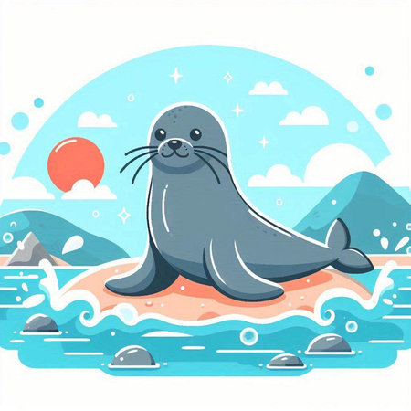 Cute seal on the beach. Vector illustration in cartoon style.のイラスト素材