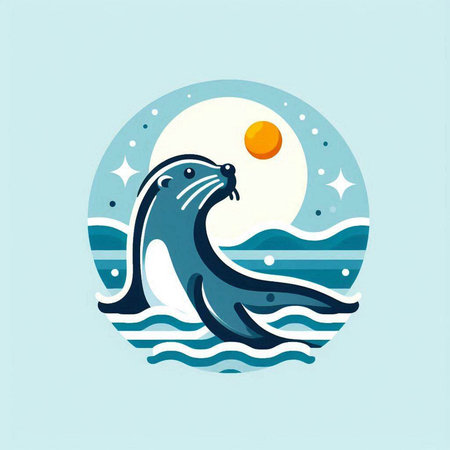 Cute seal on the background of the sea. Vector illustration.のイラスト素材