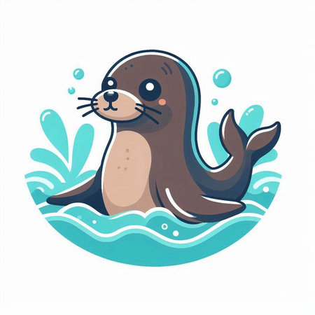 Cute cartoon seal swimming in the sea. Vector illustration isolated on white background.のイラスト素材