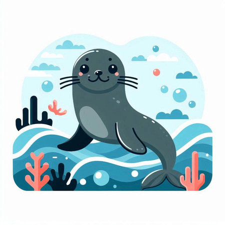 Cute seal on the background of the sea. Vector illustration.のイラスト素材