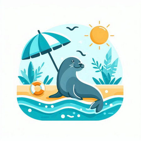 Sea lion on the seashore. Vector illustration in cartoon styleのイラスト素材