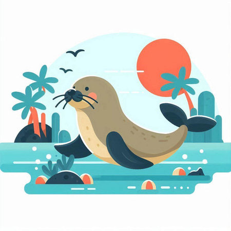 Sea lion on the seashore. Vector illustration in flat styleのイラスト素材