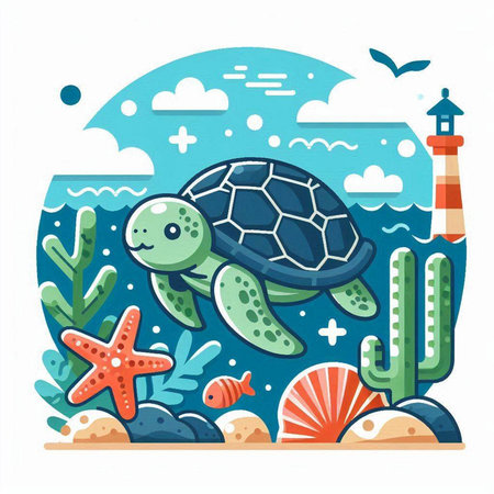 Cute cartoon sea turtle and starfish on the background of lighthouse. Vector illustrationのイラスト素材