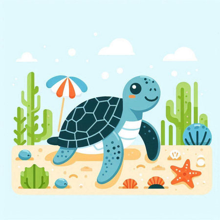 Cute cartoon turtle in the desert. Vector illustration in flat styleのイラスト素材