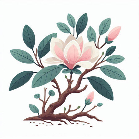 Magnolia tree with flowers and leaves isolated on white background. Vector illustration.のイラスト素材