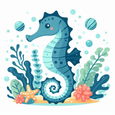 Cute sea horse with starfish, seaweed and shells. Vector illustration.のイラスト素材