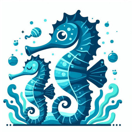 Blue seahorse with bubbles on white background. Vector illustration.のイラスト素材