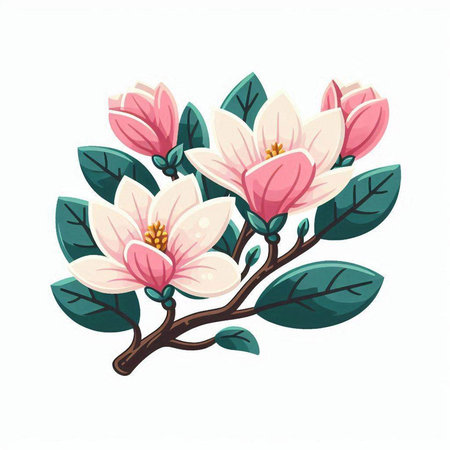 Branch with pink magnolia flowers on white background. Vector illustration.のイラスト素材