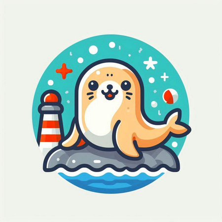 Cute seal on the island in the sea. Vector illustration.のイラスト素材