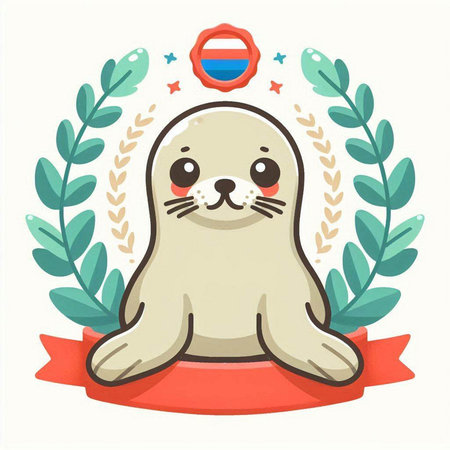 Cute seal with medal and laurel wreath. Vector illustration.のイラスト素材