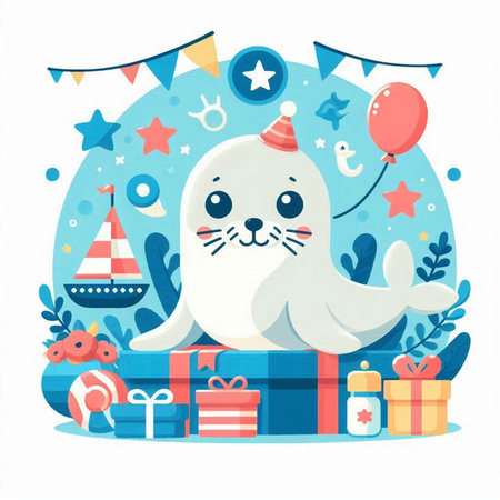 Cute seal with gifts. Vector illustration in a flat style.のイラスト素材