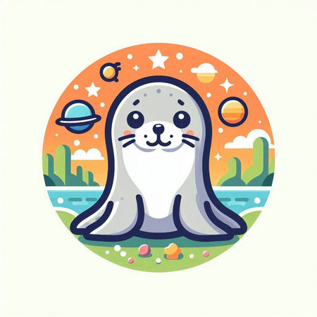 Cute seal on the background of the sea. Vector illustration.のイラスト素材