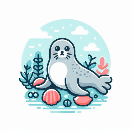 Cute seal in the sea. Vector illustration in flat style.のイラスト素材
