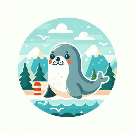 Cute cartoon seal on the background of mountains. Vector illustration.のイラスト素材