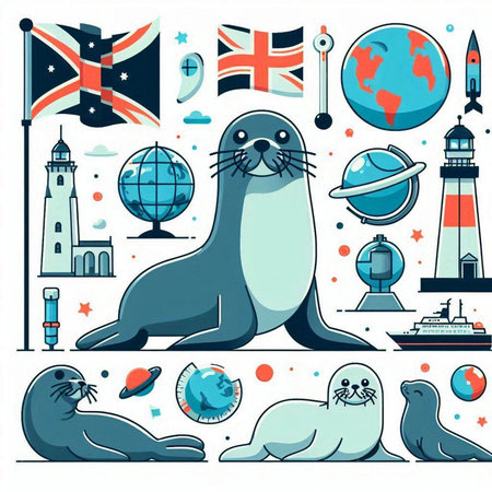 Seals and sea animals set. Vector illustration in flat style.のイラスト素材