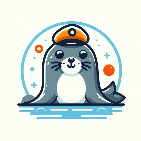 Cute seal in a captain's cap. Vector illustration on white background.のイラスト素材