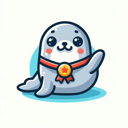 Cute seal with a medal. Vector illustration in cartoon style.のイラスト素材