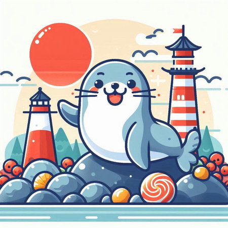 Cute seal sitting on the rocks near the lighthouse. Vector illustrationのイラスト素材
