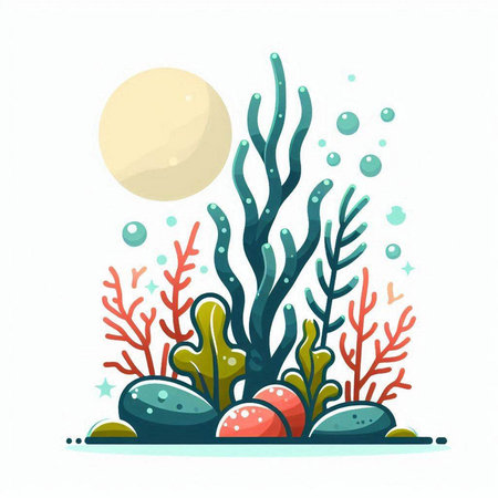 Underwater landscape with corals and seaweed. Vector illustration.のイラスト素材
