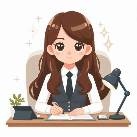 Business woman sitting at the desk and writing a note. Vector illustrationのイラスト素材