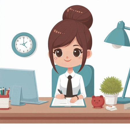 Business woman working at her desk. Vector illustration in cartoon style.のイラスト素材