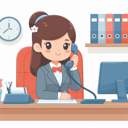 Cartoon business woman talking on phone in office. Vector illustration.のイラスト素材