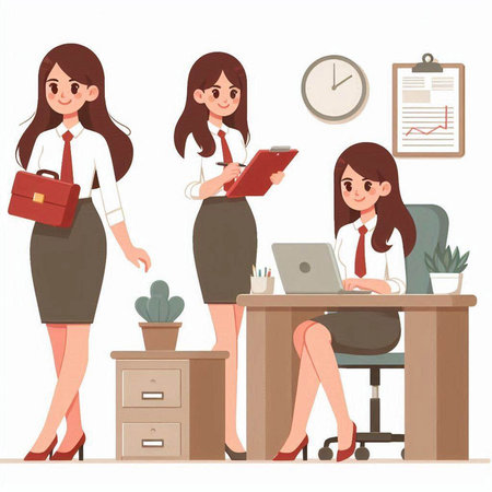 Business woman working in office. Vector illustration in flat cartoon style.のイラスト素材