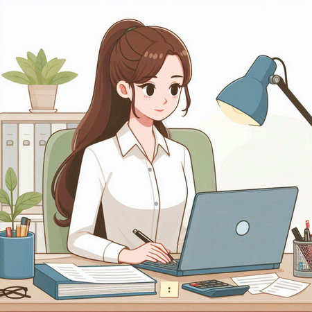 Young businesswoman working at her desk in office. Vector illustration.のイラスト素材
