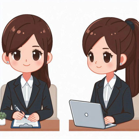 Businesswoman working at office with laptop. Vector illustration in cartoon style.のイラスト素材