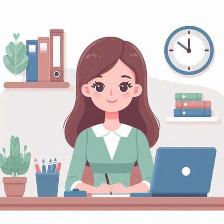 Young businesswoman working at her desk in office. Vector illustration.のイラスト素材