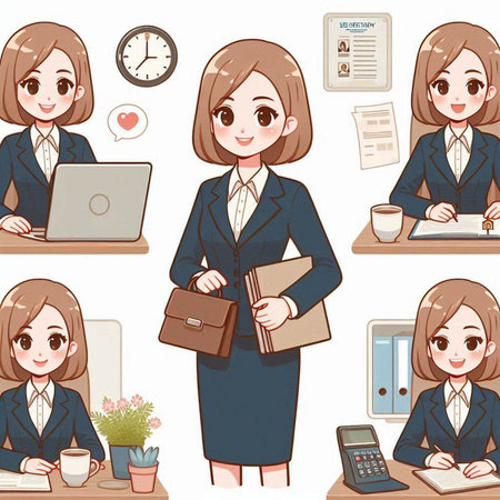 Business woman cartoon character, set of various poses, vector illustration.のイラスト素材
