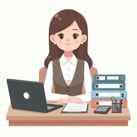 Business woman working at office desk. Vector illustration in cartoon style.のイラスト素材
